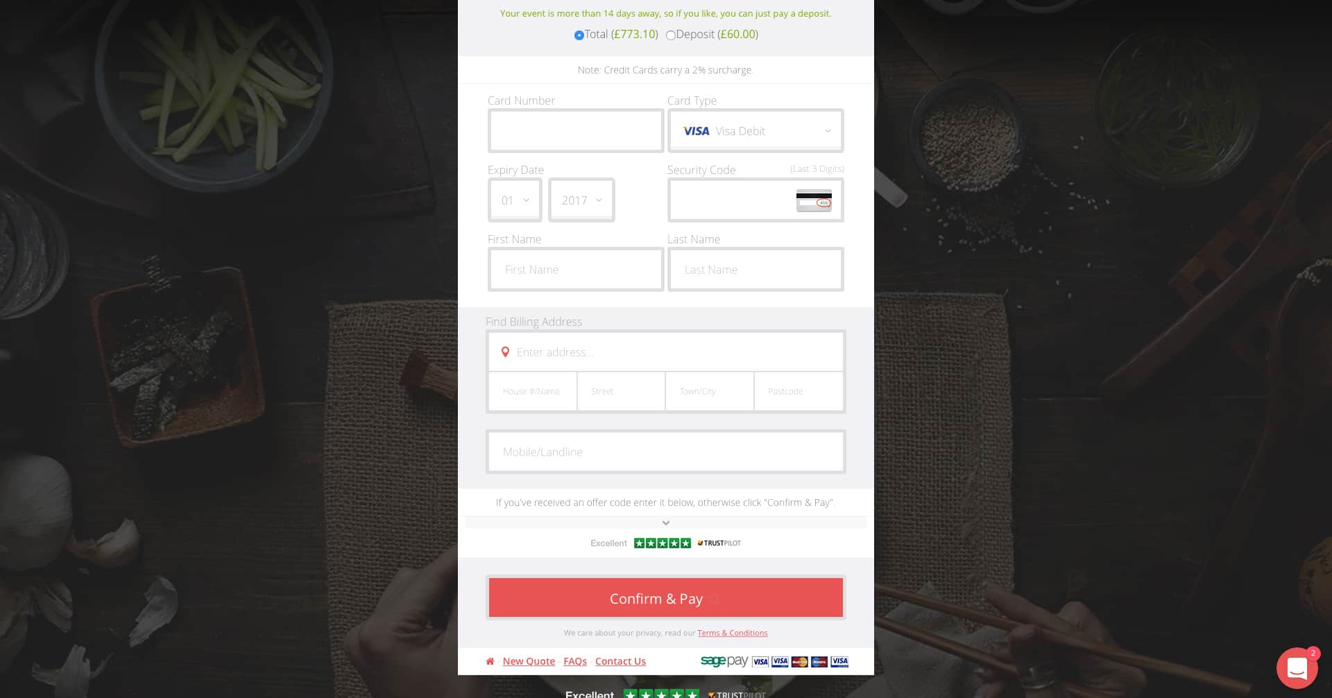 confirm and pay for your private chef booking