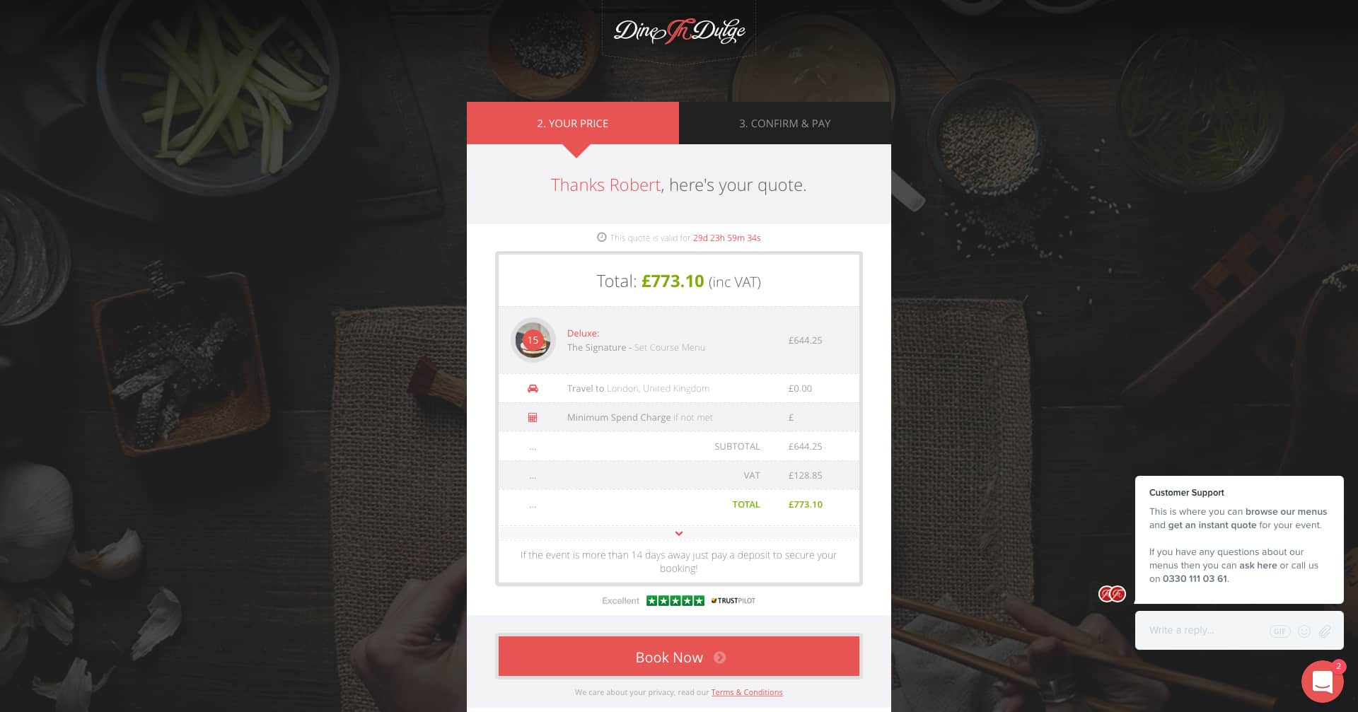 display your full private chef quote details